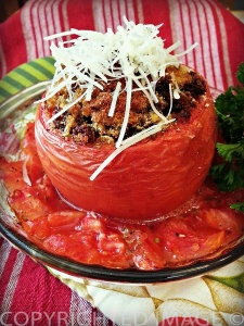 sausage stuffed tomato ready for the oven