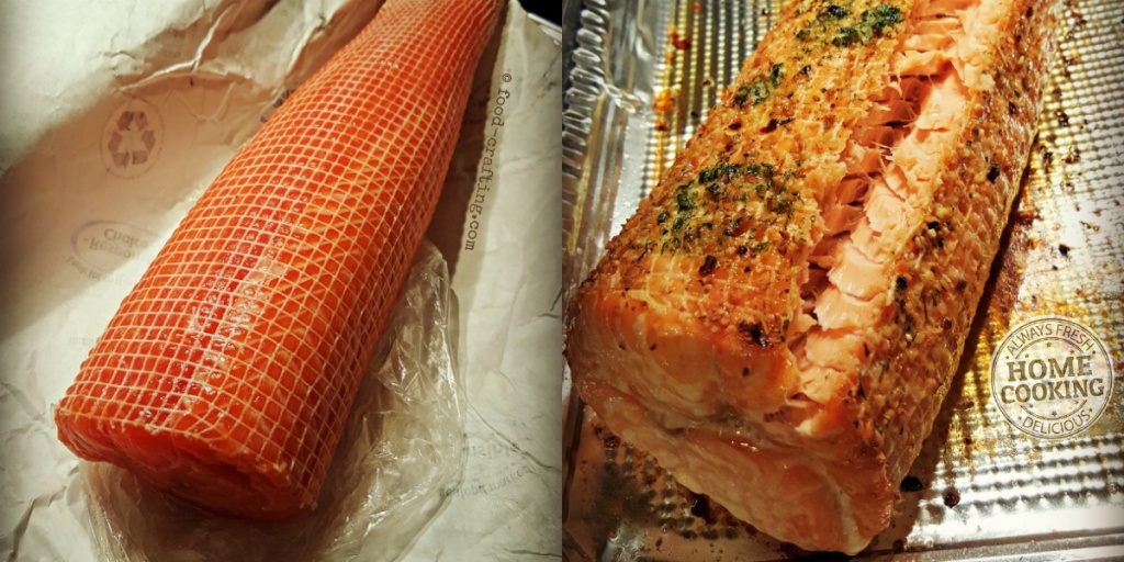 side by side images of raw and cooked whole salmon roast. salmon-roast-recipe-feature