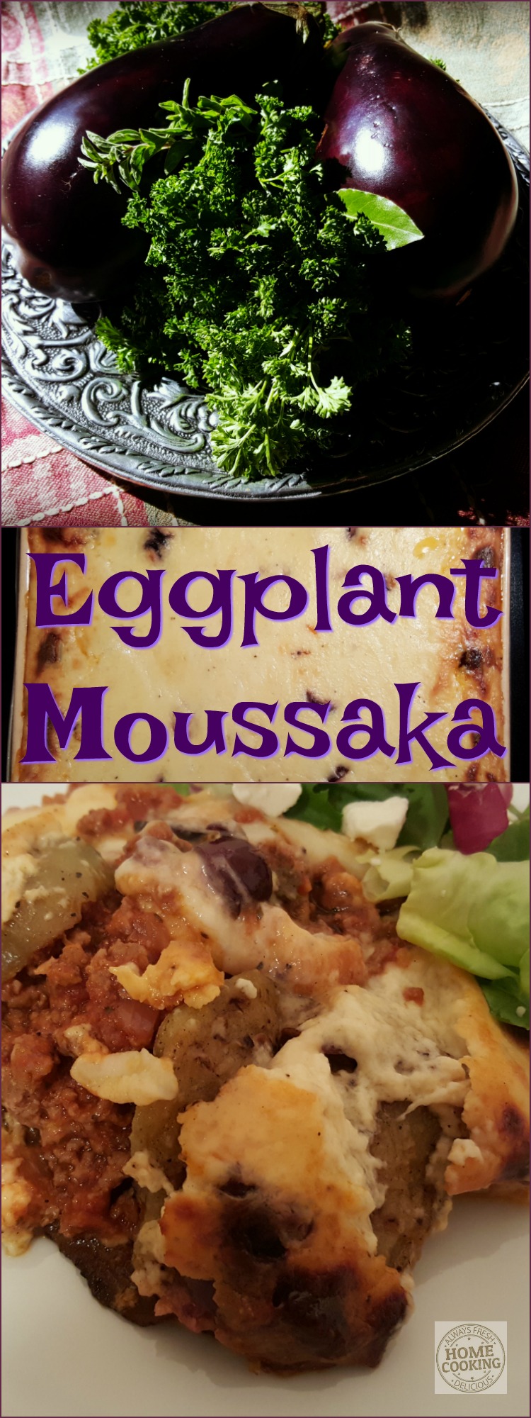 eggplant on a platter with herbs. Serving of easy eggplant moussaka recipe.