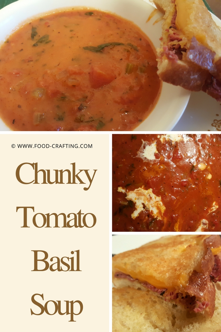 Chunky tomato basil #soup - Sunday chunky tomato basil soup recipe not only #quick to prepare but #easy too. All we added was a #grilled cheese and pastrami #sandwich for a hearty meal.