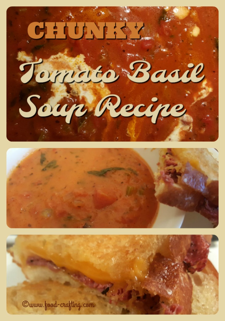 Chunky tomato basil #soup - Sunday chunky tomato basil soup recipe not only #quick to prepare but #easy too. All we added was a #grilled cheese and pastrami #sandwich for a hearty meal.