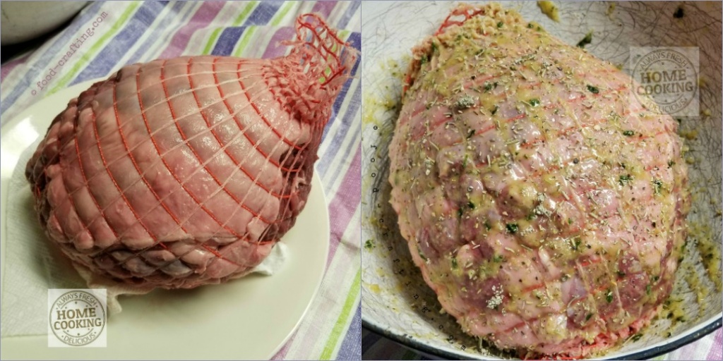 Boneless rolled leg of lamb marinating in olive oil, garlic paste and crushed rosemary. Sliced thin leftovers are perfect for meal #2 - Gyros! 