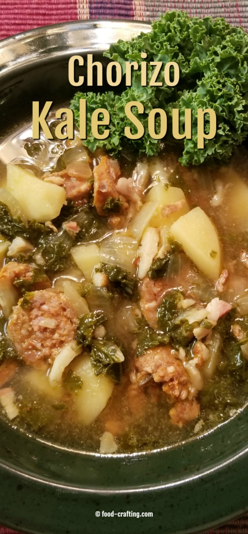 Bowl of Argentinian chorizo kale soup recipe with potatoes