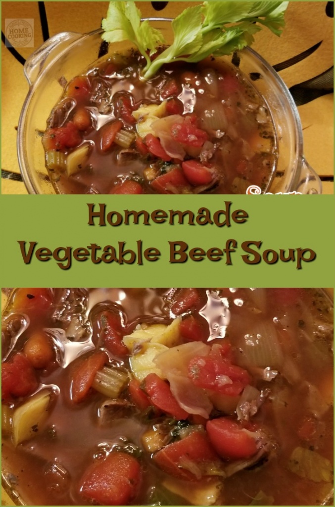 Bowl of homemade vegetable beef soup .