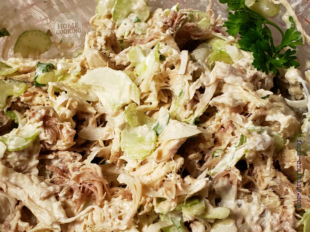 Chicken salad is done. Mixed with celery, onions and a bit of fresh parsley.