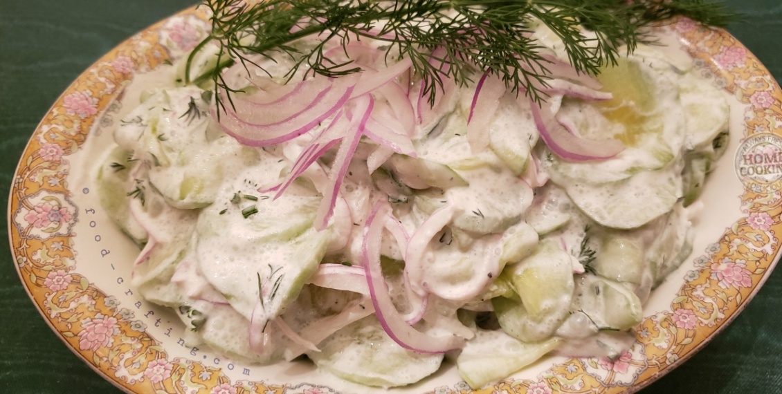 dish of old fashioned cucumber and onion salad